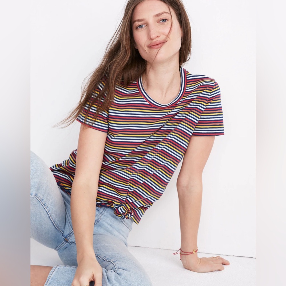 Madewell Knot-Front Tee in Rainbow Stripe Moon Rainbow Short Sleeve T-Shirt - Picture 1 of 10